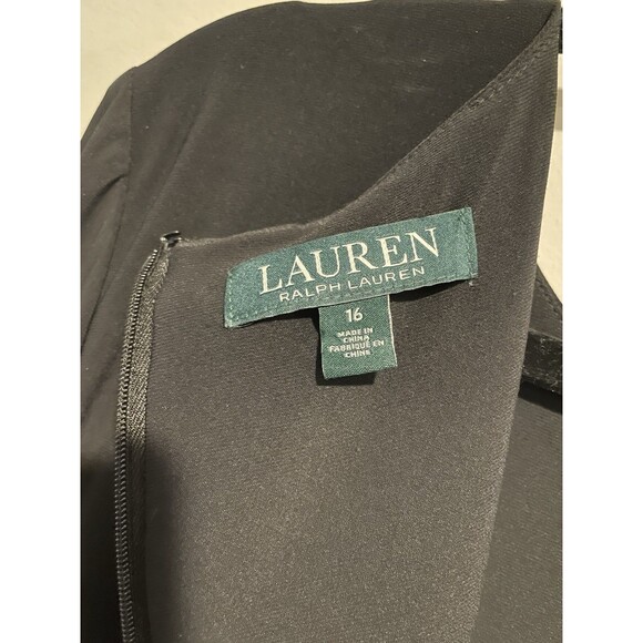 Ralph Lauren Black Knit Dress Satin Waist Ruffle Size 16 - Picture 7 of 14